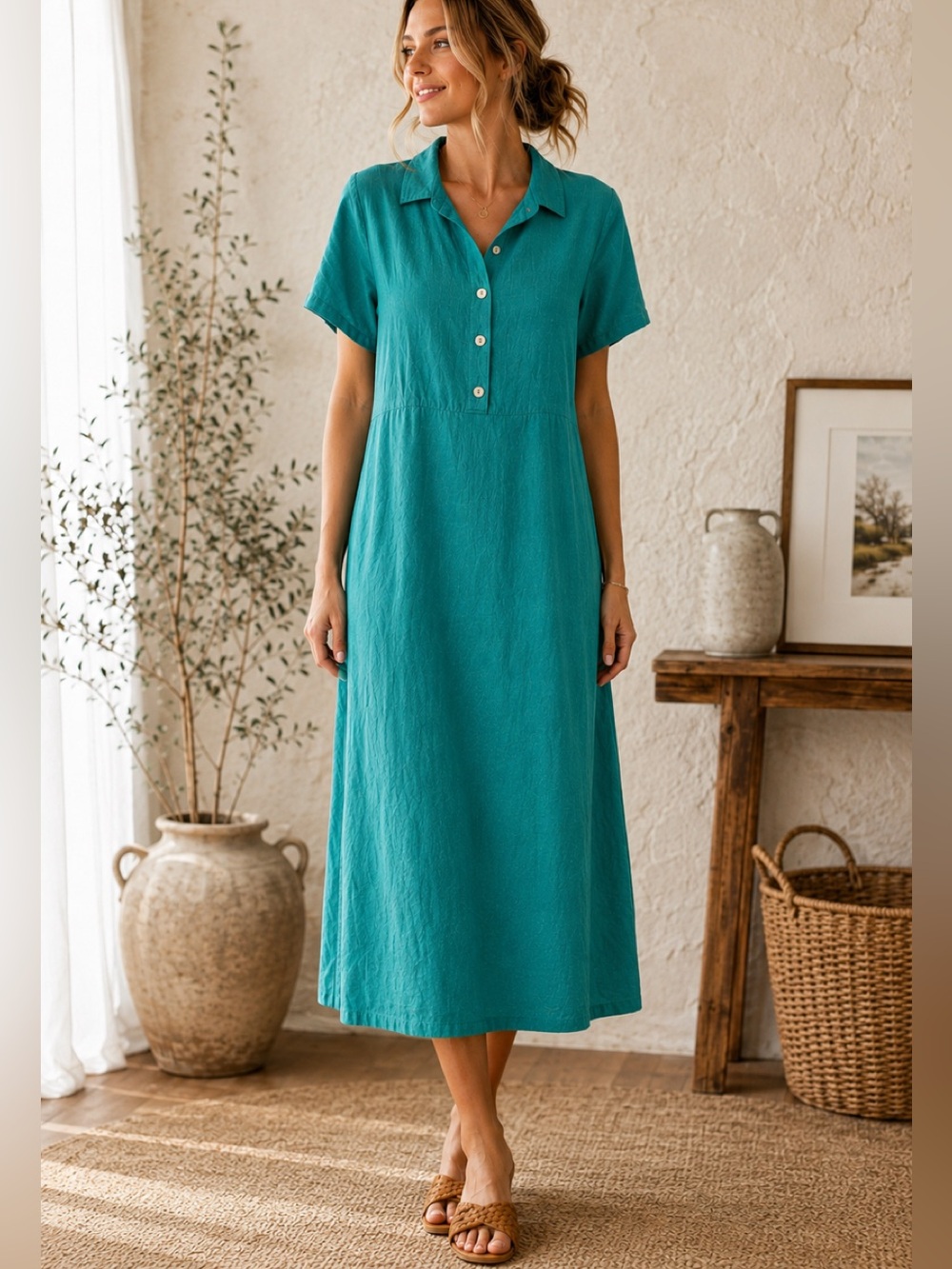 Vintage 90s Studio Ease Linen Rayon Midi Dress 16W Artsy Art to Wear Coastal